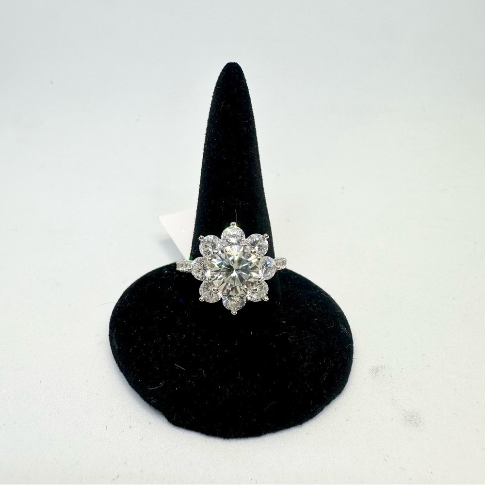Moissanite Flower Ring  w/ White Sapphire GRA Round Cut Cocktail Statement